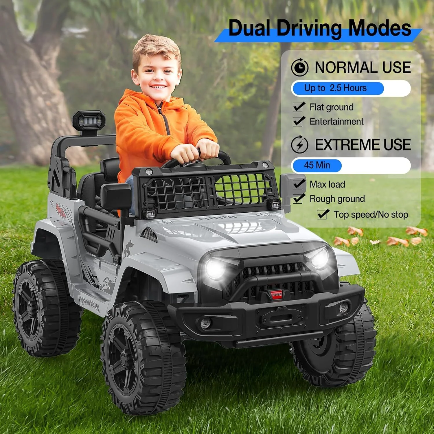 12V Ride-On Truck with Remote Control, 3 Speeds, and Spring Suspension in Gray - Image 6