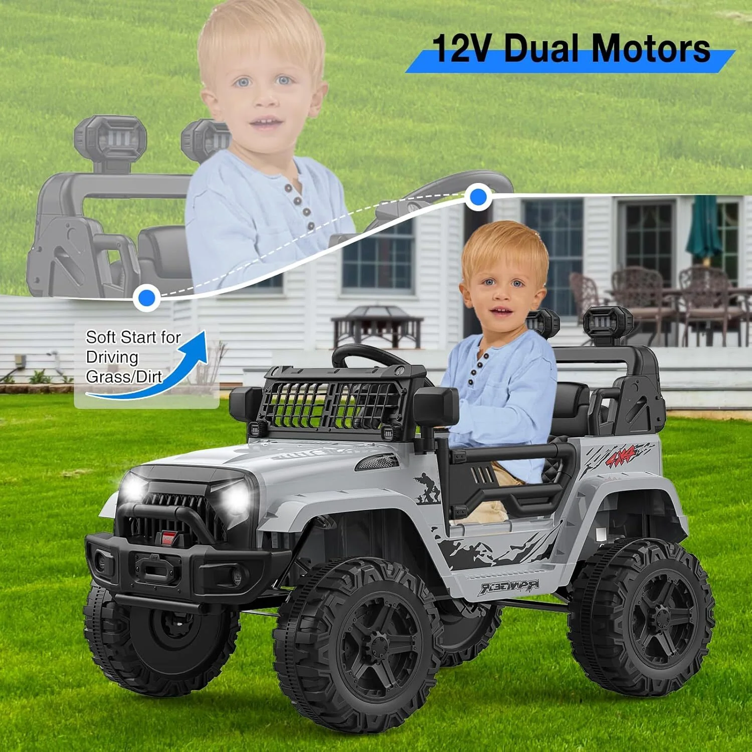 12V Ride-On Truck with Remote Control, 3 Speeds, and Spring Suspension in Gray - Image 8