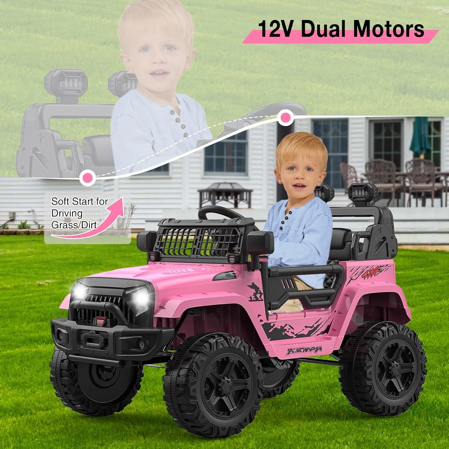 12V Pink Ride-On Truck with Remote Control, 3 Speeds, and Spring Suspension - Image 7