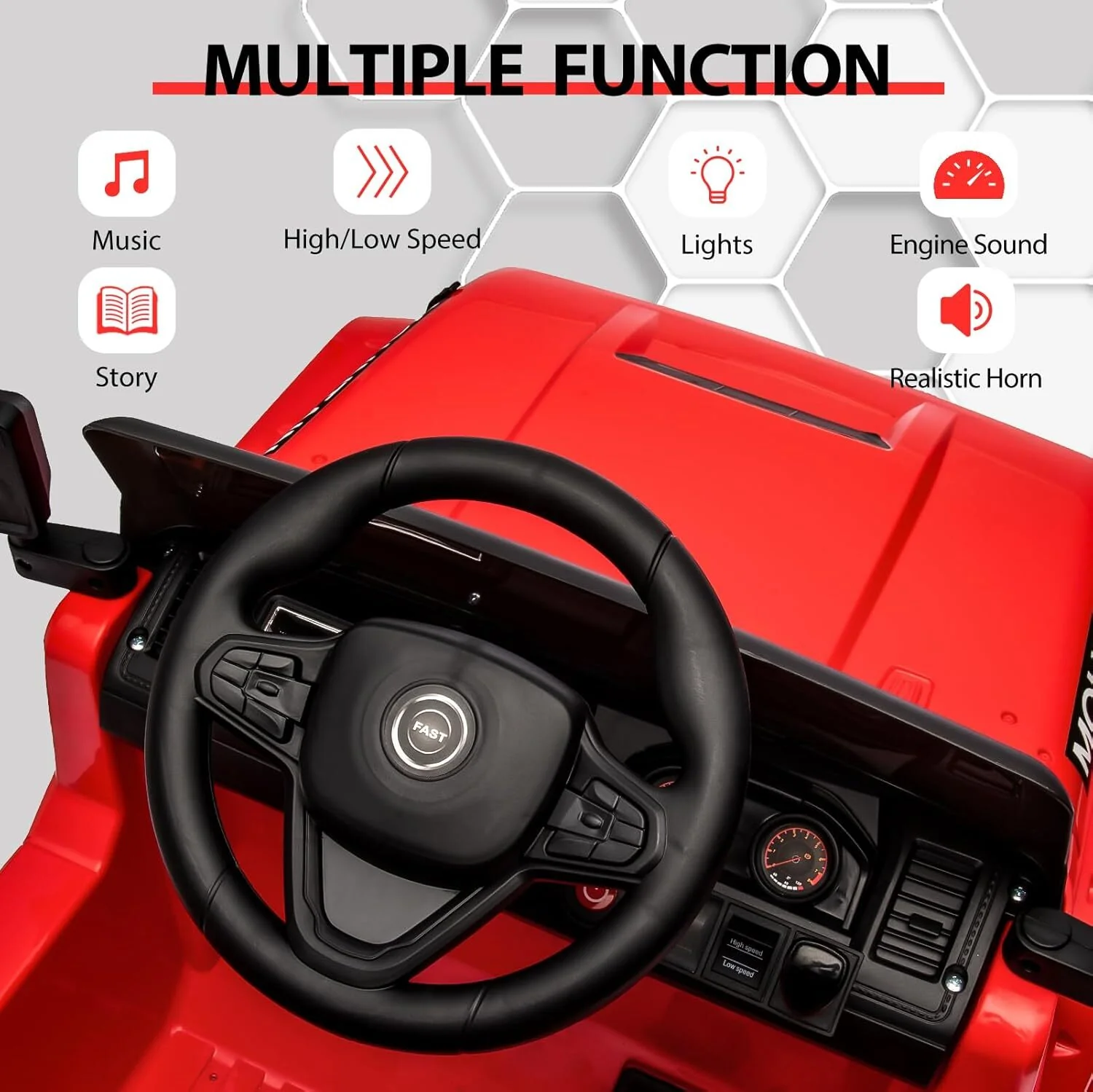 12V Red Battery-Powered Ride-On Car for Kids with Remote Control and 3 Speed Settings - Image 7
