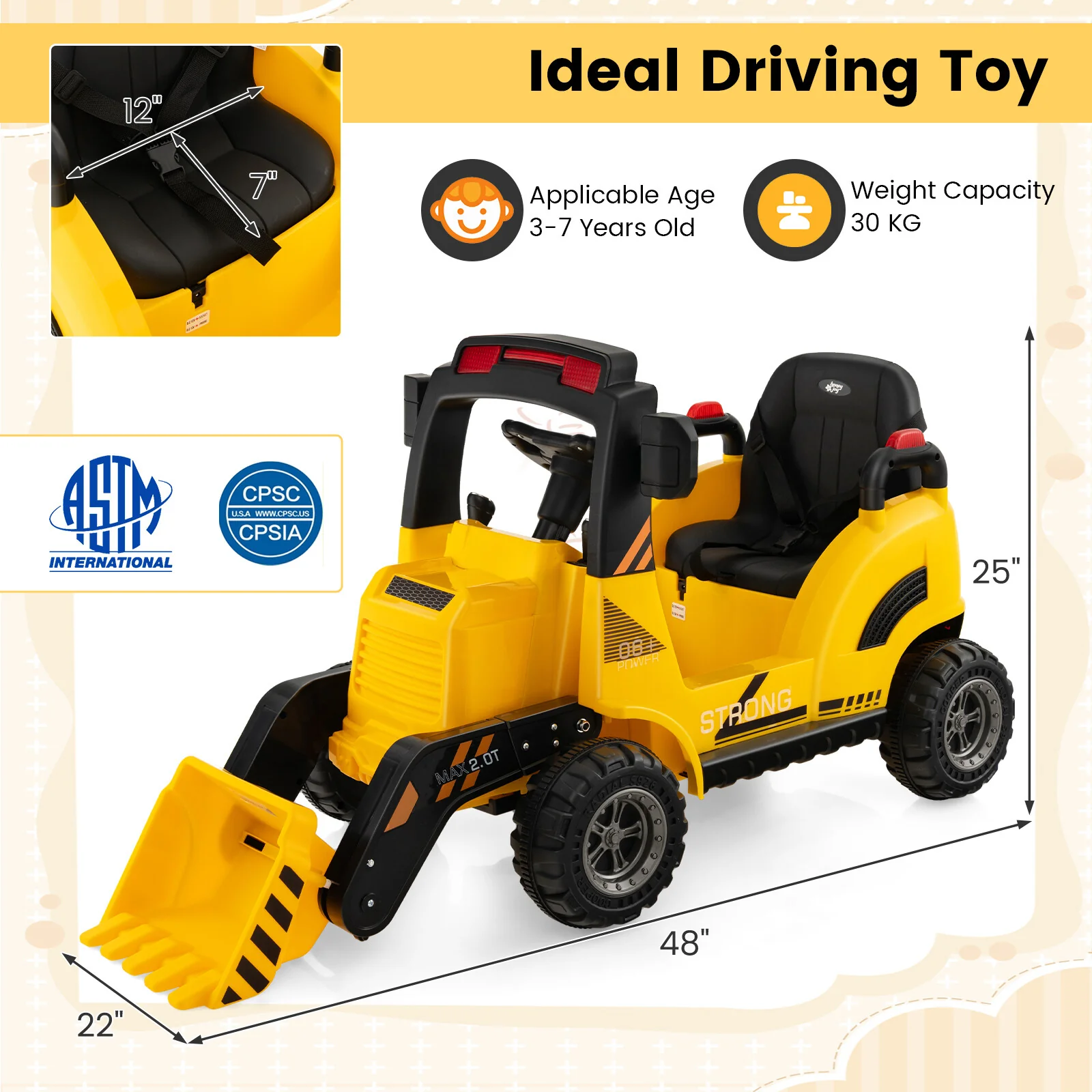 12V Ride-On Construction Excavator Toy for Toddlers Ages 3-7 in Yellow - Image 2
