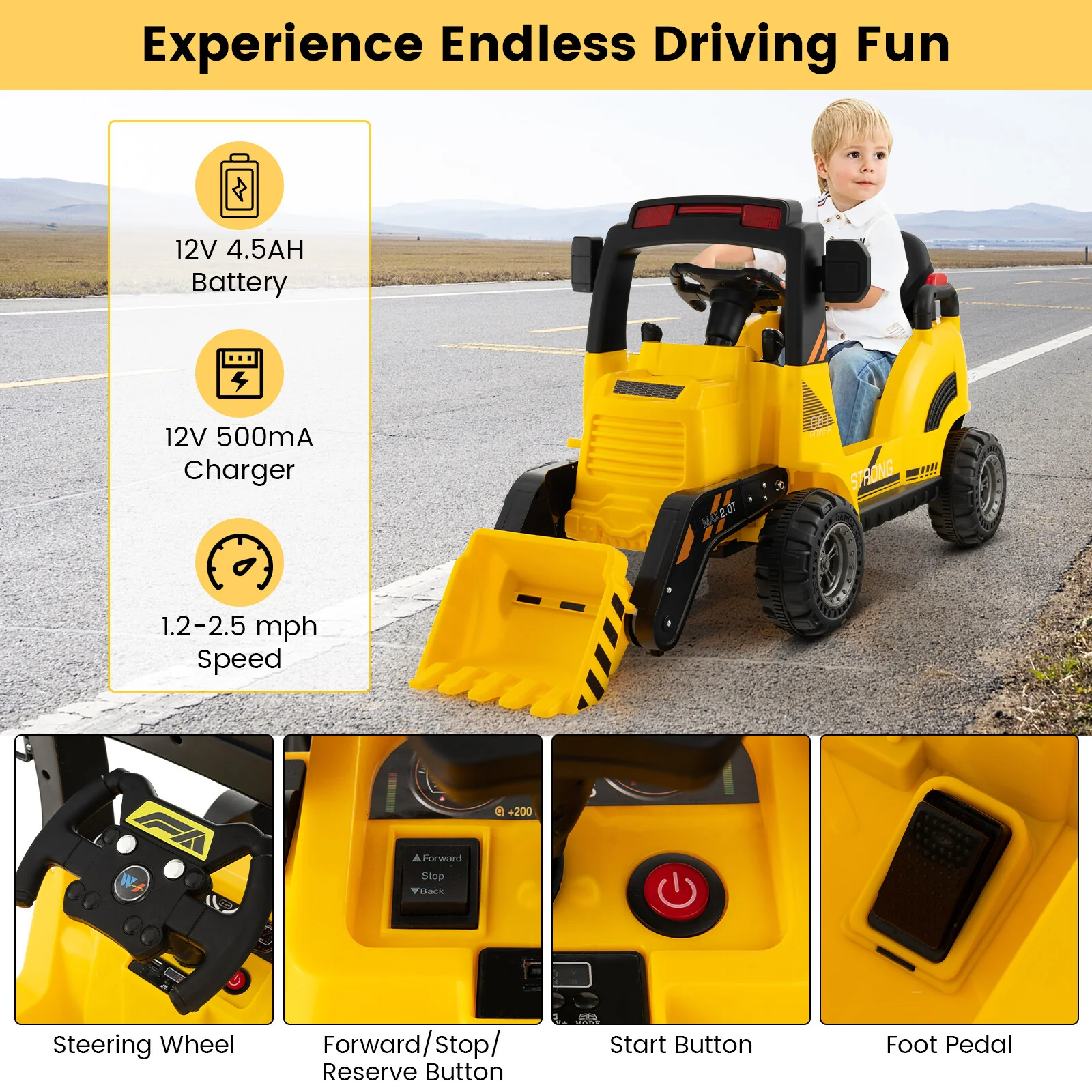 12V Ride-On Construction Excavator Toy for Toddlers Ages 3-7 in Yellow - Image 4
