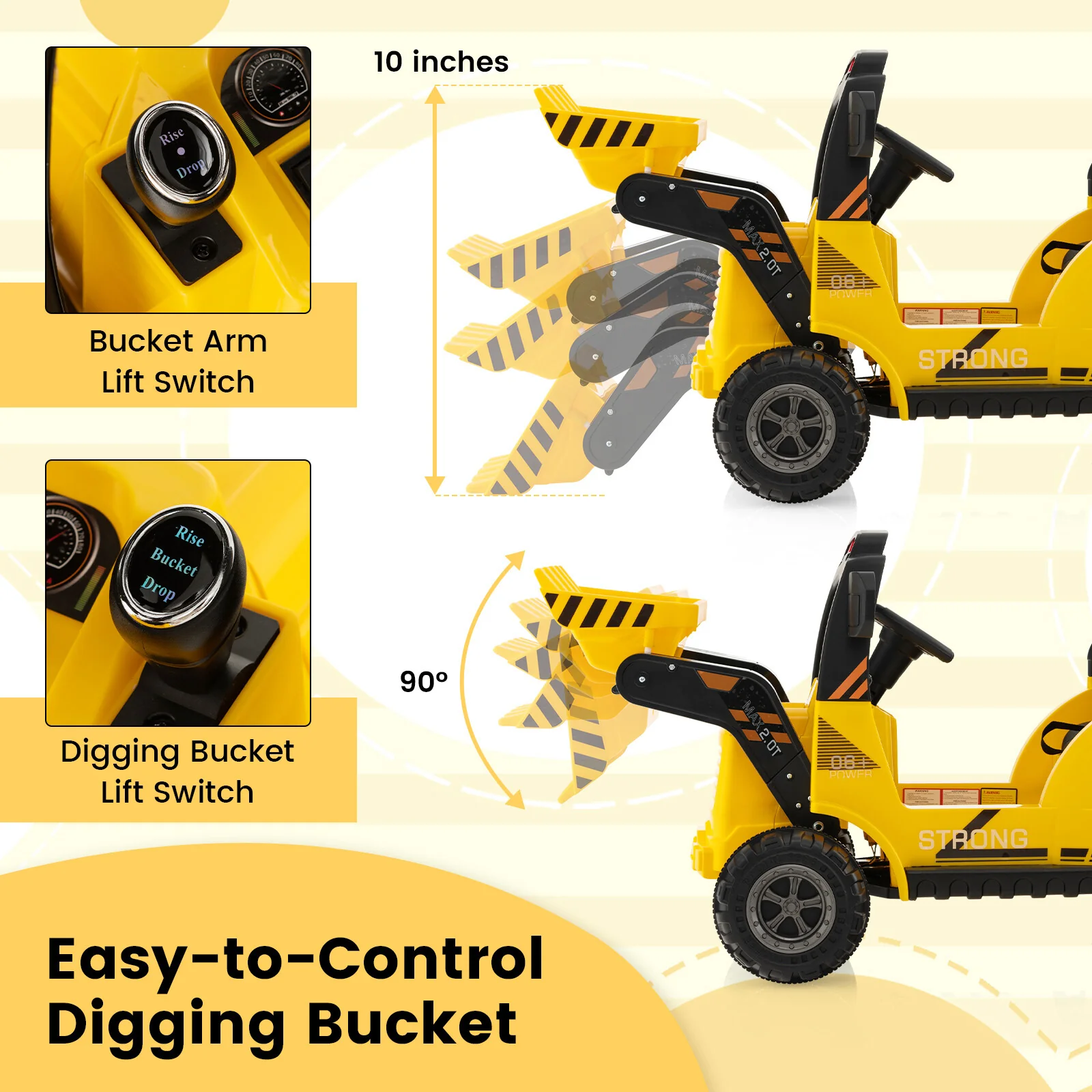 12V Ride-On Construction Excavator Toy for Toddlers Ages 3-7 in Yellow - Image 5