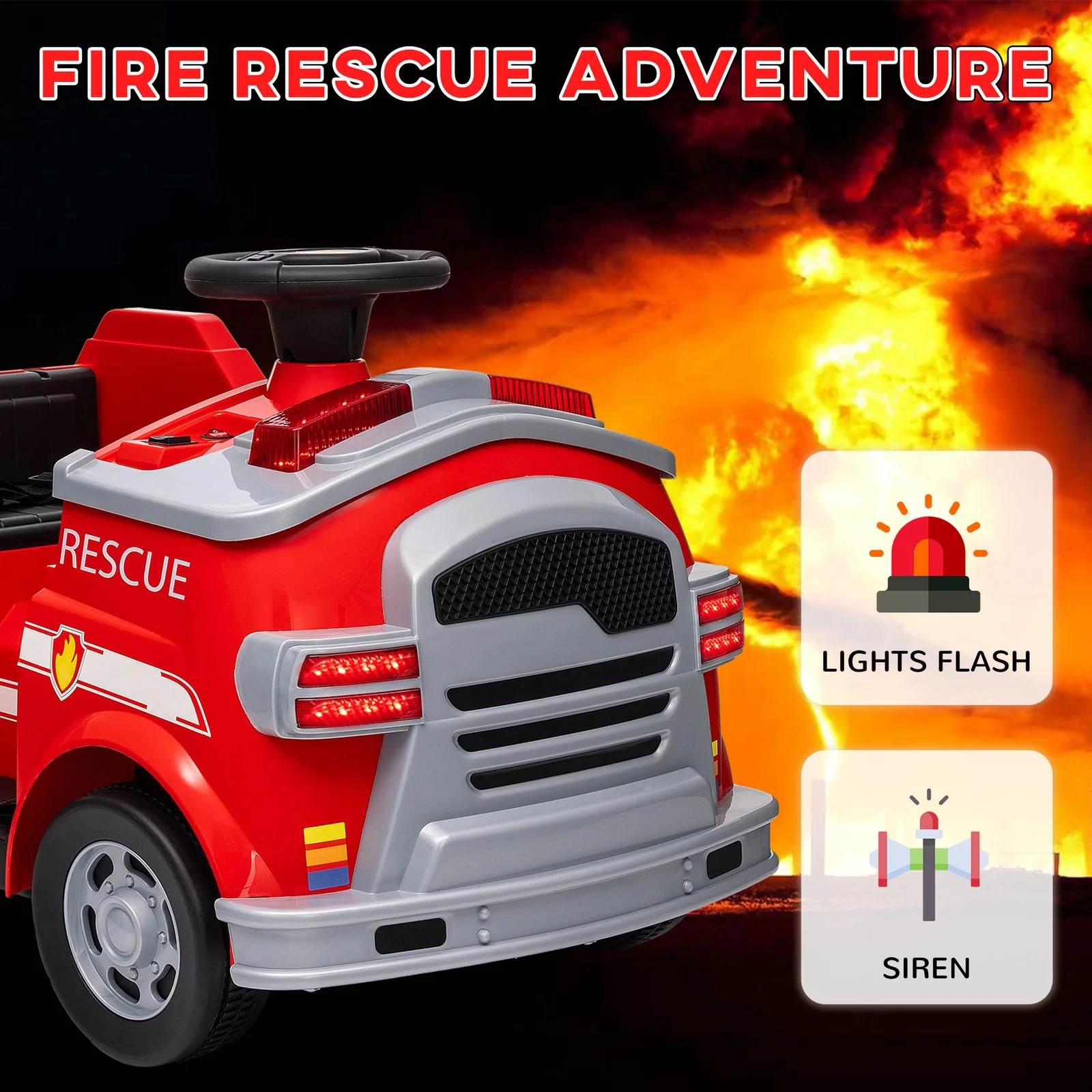 12V Ride On Fire Truck with Siren and Flashing Lights - Image 5