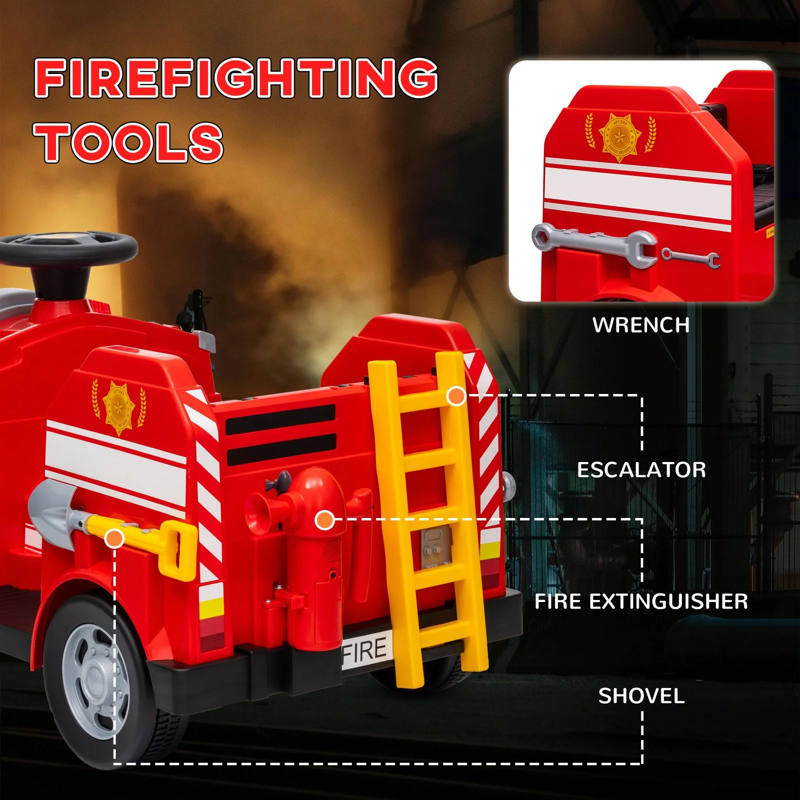 12V Ride On Fire Truck with Siren and Flashing Lights - Image 6