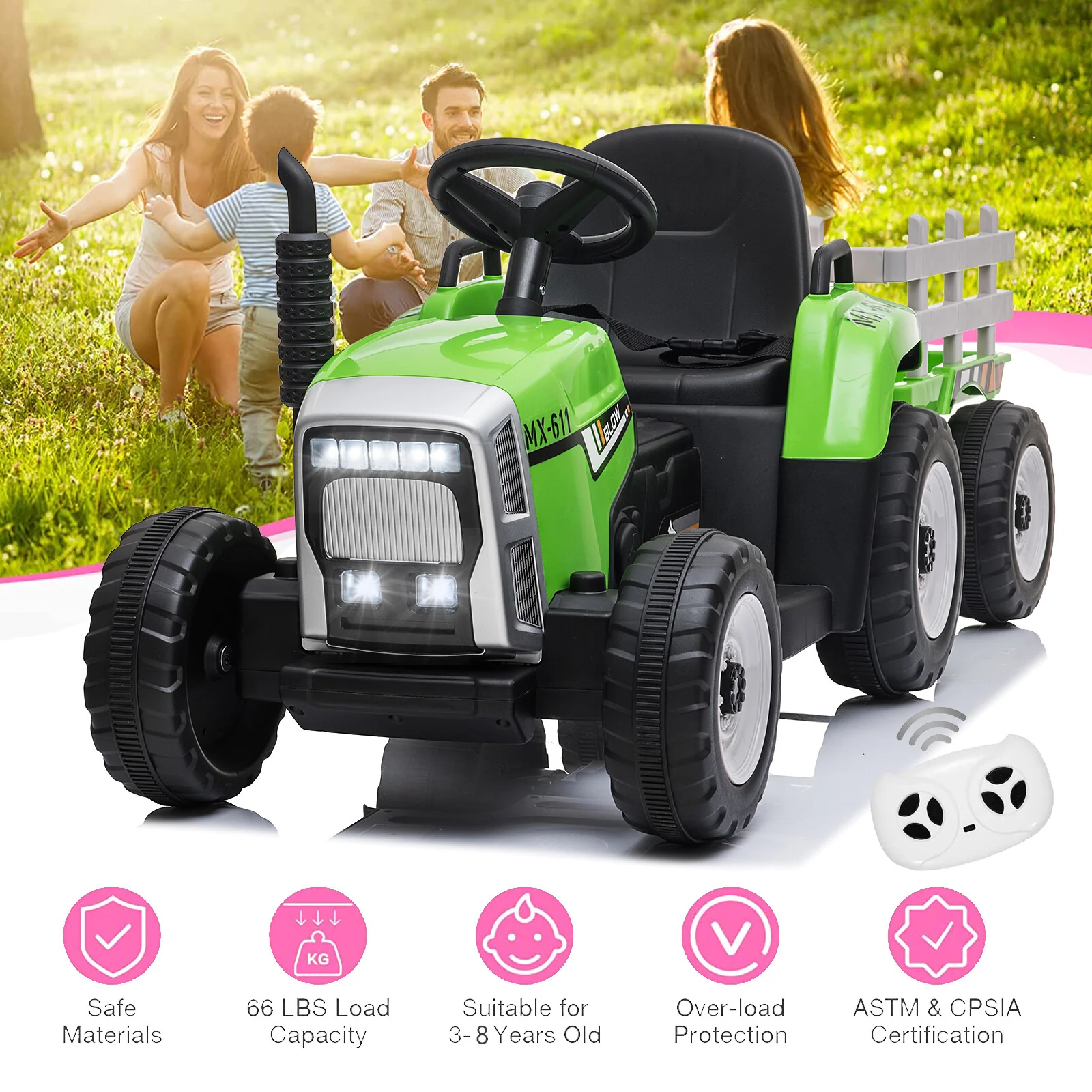 12V Electric Ride-On Tractor with Trailer for Kids and Remote Control Vehicle Toy - Image 17