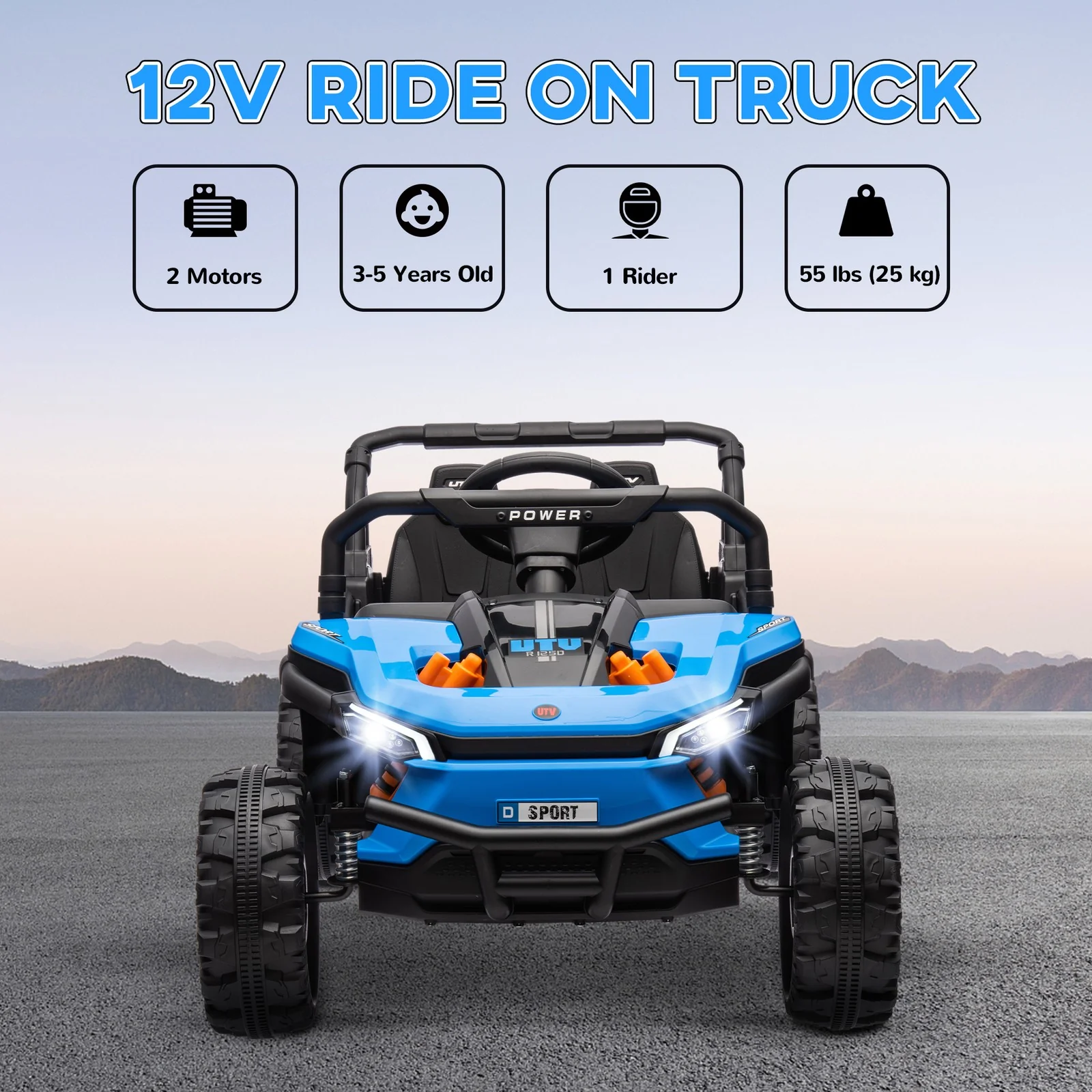 12V Ride-On UTV Truck Toy with 4-Wheel Suspension and Remote Control in Blue - Image 5