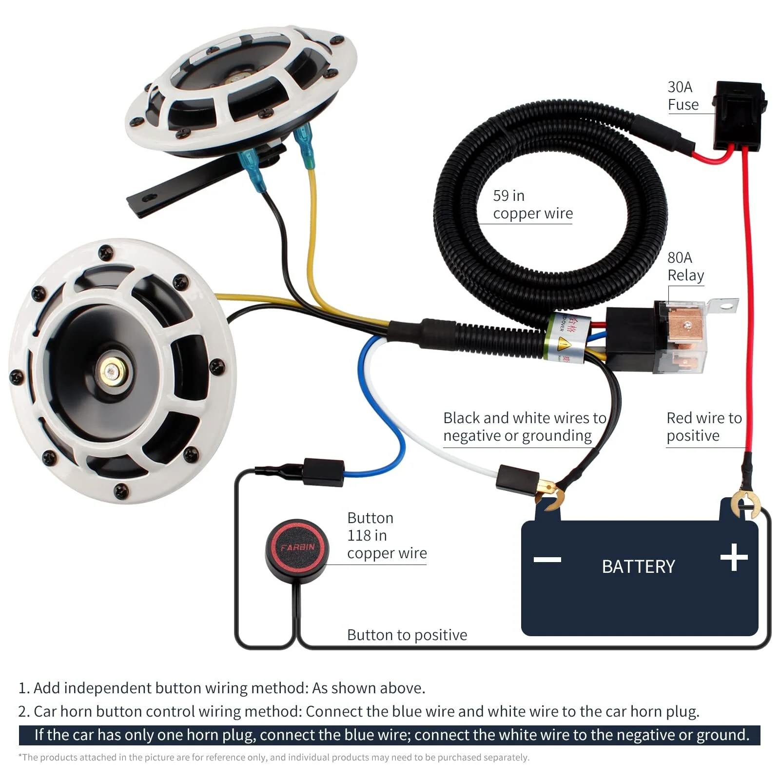 12V Supertone Car and Truck Horn Kit with Wire and Button Black High Low Tone - Image 7
