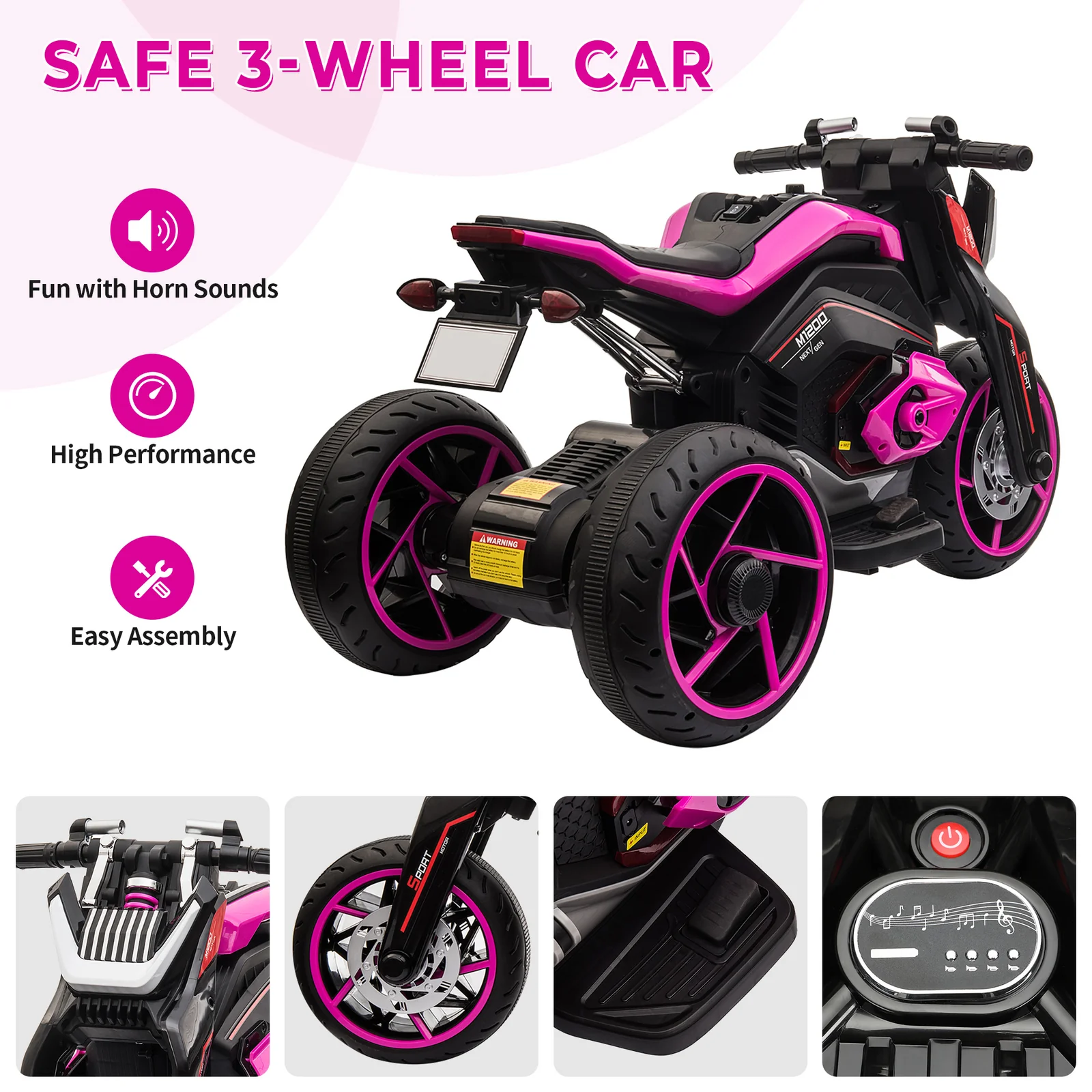 12V Kids Electric Three-Wheel Ride-On Motorcycle with Horns and LED Lights - Image 10