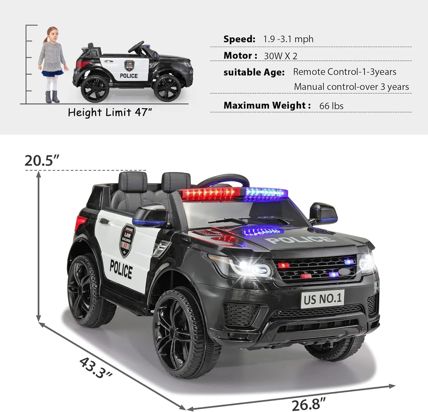 12V Kids Ride-On Police Car with Lights, Sounds, and Remote Control - Image 8