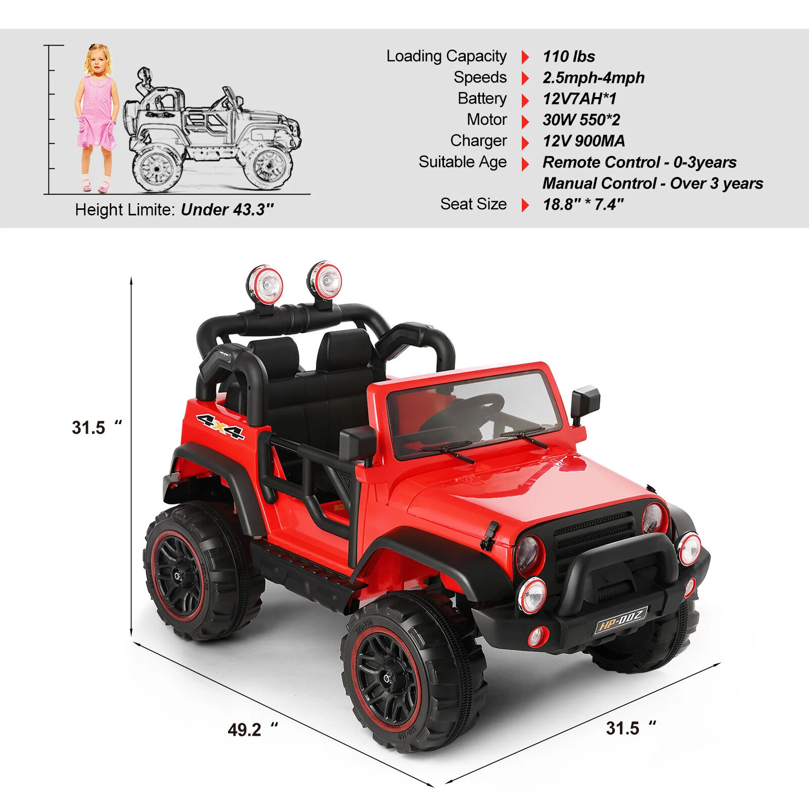 12V Two-Seater Electric Kids Ride On Car Truck with LED Lights, Music, Cover, and Remote Control - Image 3
