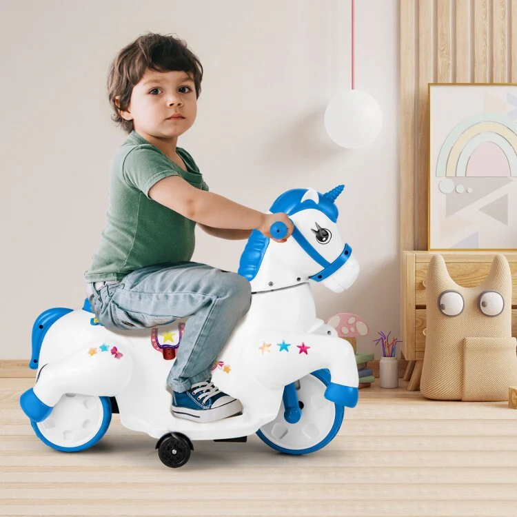 12V Unicorn Ride-On Toy for Kids with Training Wheels and Horse Riding Mode - Image 3