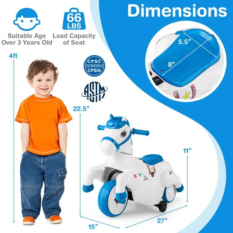 12V Unicorn Ride-On Toy for Kids with Training Wheels and Horse Riding Mode - Image 4