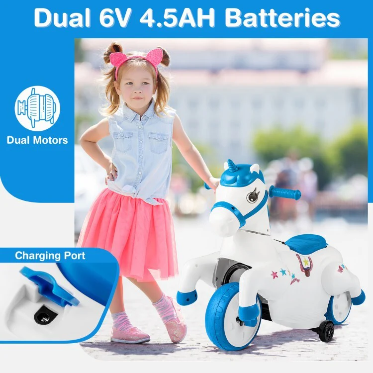 12V Unicorn Ride-On Toy for Kids with Training Wheels and Horse Riding Mode - Image 6