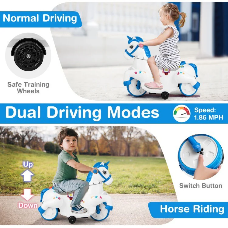 12V Unicorn Ride-On Toy for Kids with Training Wheels and Horse Riding Mode - Image 8