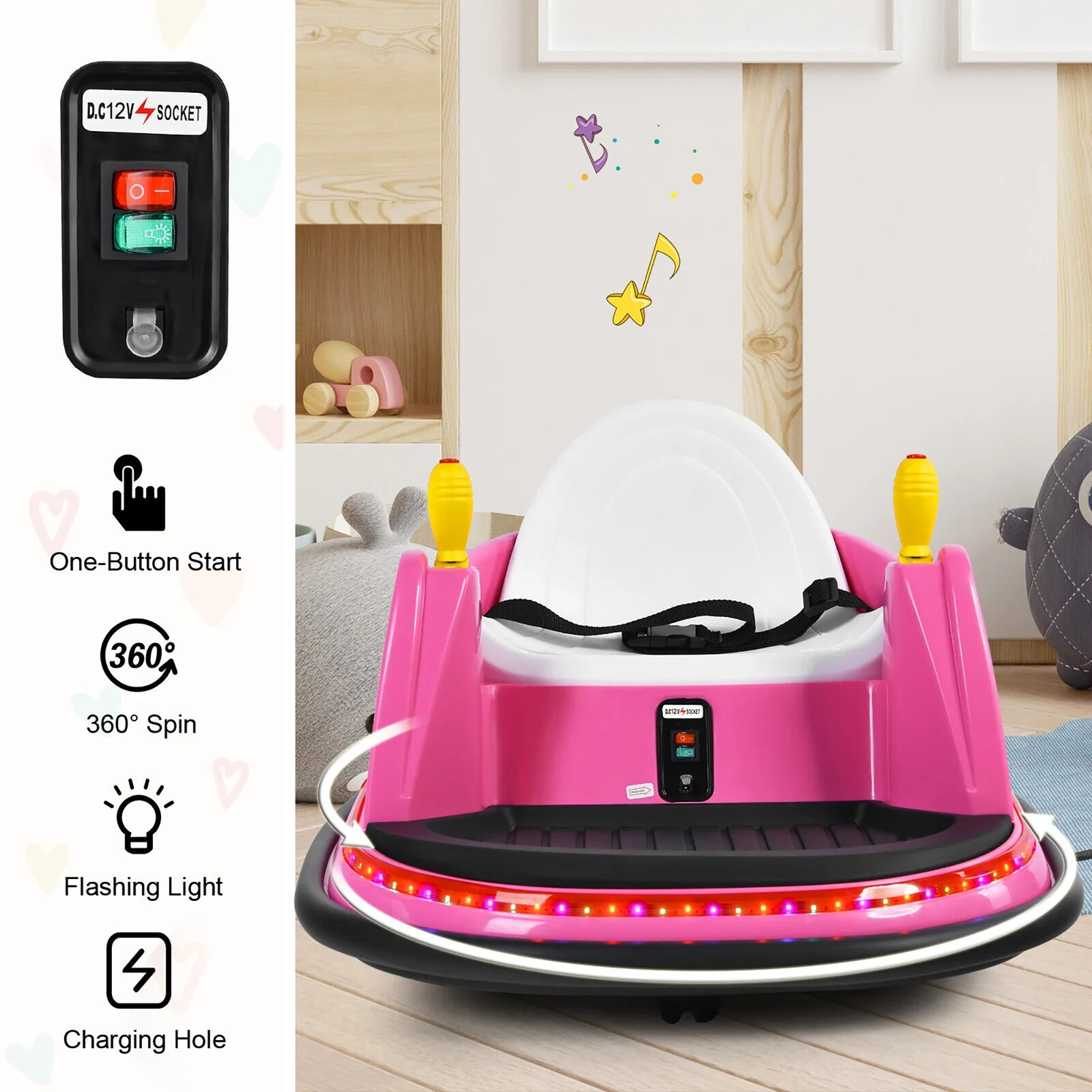 12V Kids Ride-On Bumper Car with 360° Spin and Remote Control Pink - Image 8