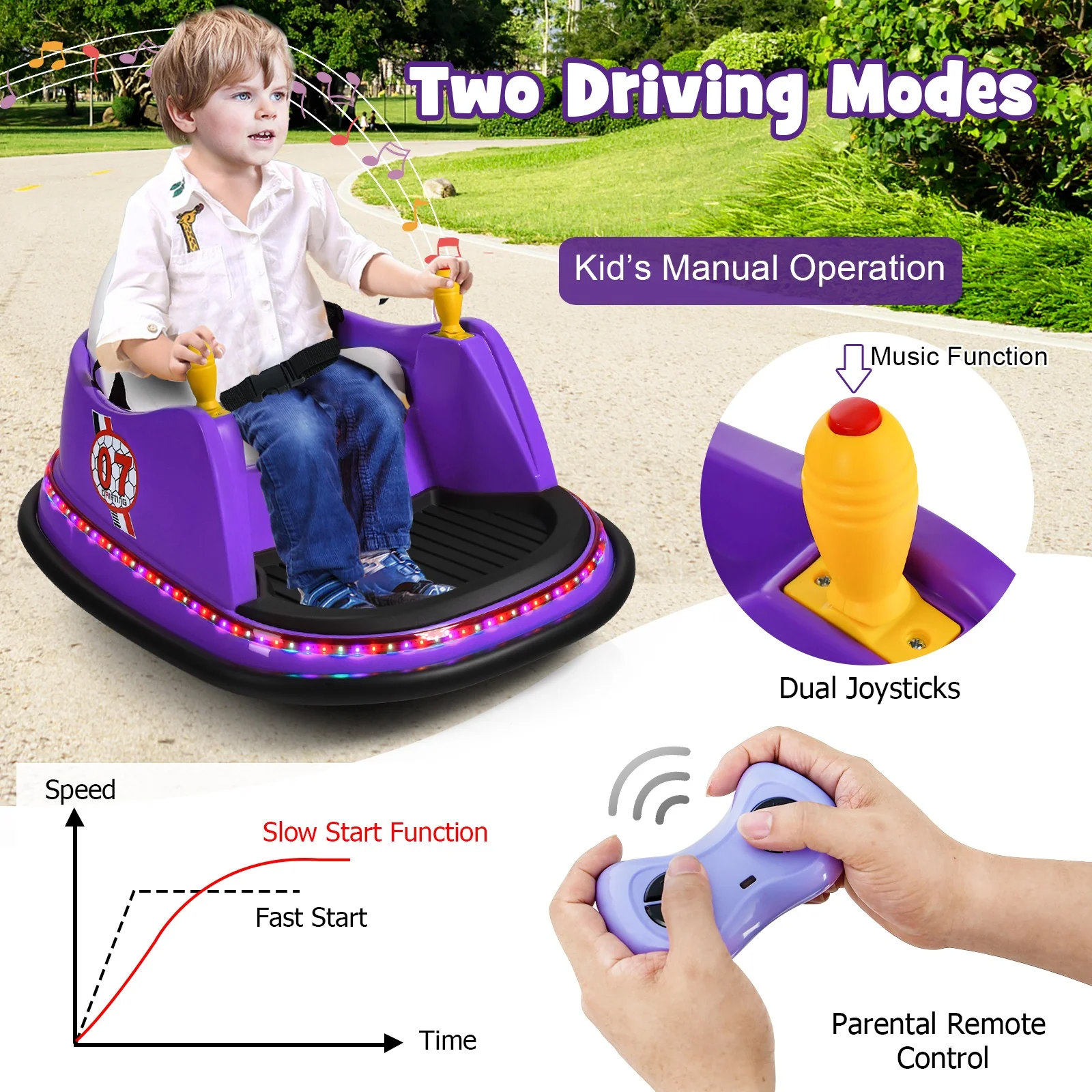 12V Kids Ride-On Bumper Car with 360° Spin and Remote Control - Purple - Image 6