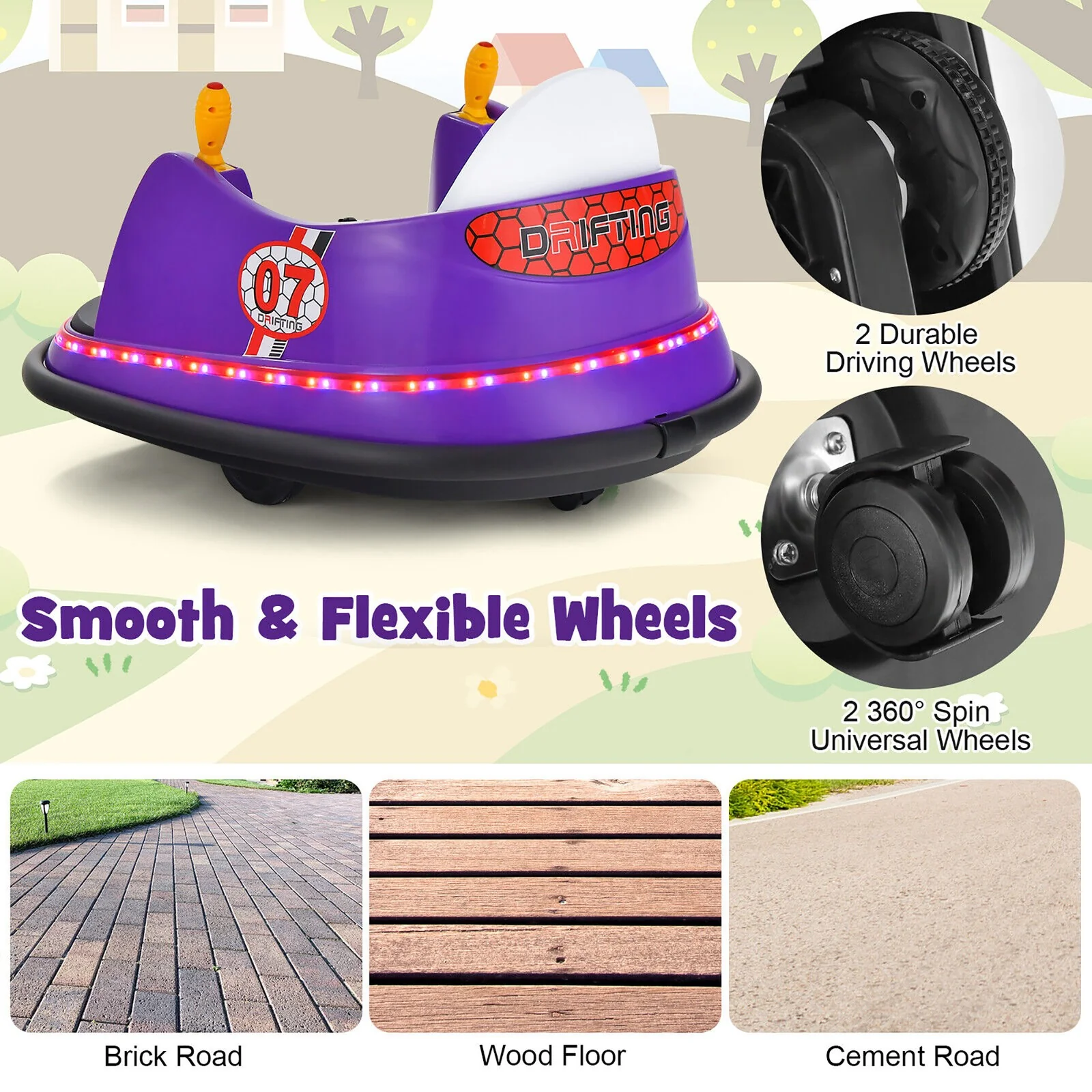 12V Kids Ride-On Bumper Car with 360° Spin and Remote Control - Purple - Image 10