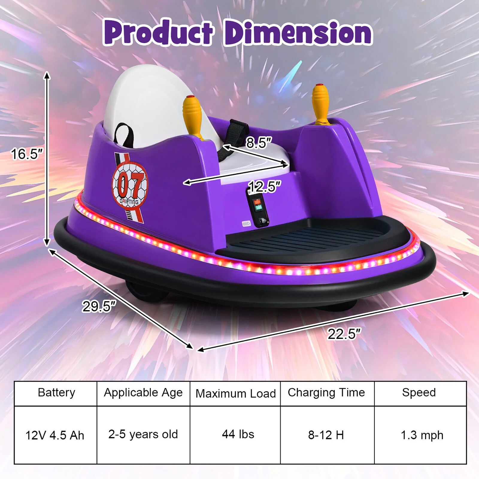 12V Kids Ride-On Bumper Car with 360° Spin and Remote Control - Purple - Image 2