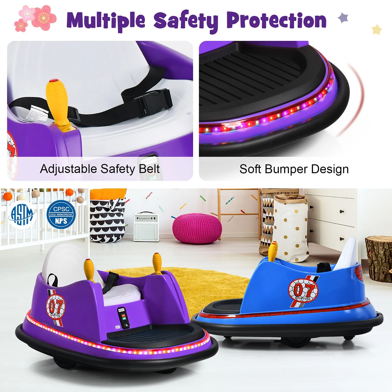 12V Kids Ride-On Bumper Car with 360° Spin and Remote Control - Purple - Image 9