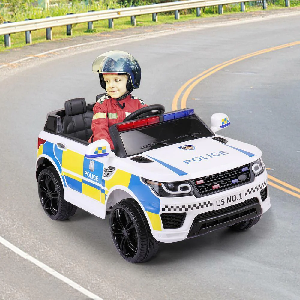 12V White Police Car Ride-On for Kids with Bluetooth Remote Control and LED Lights - Image 3