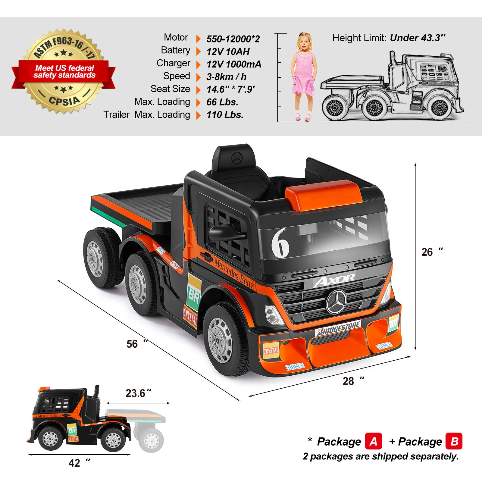 12V10AH Battery Kids Ride On Truck with Swing, Trailer, LED, MP3, and Bluetooth RC Features - Image 3