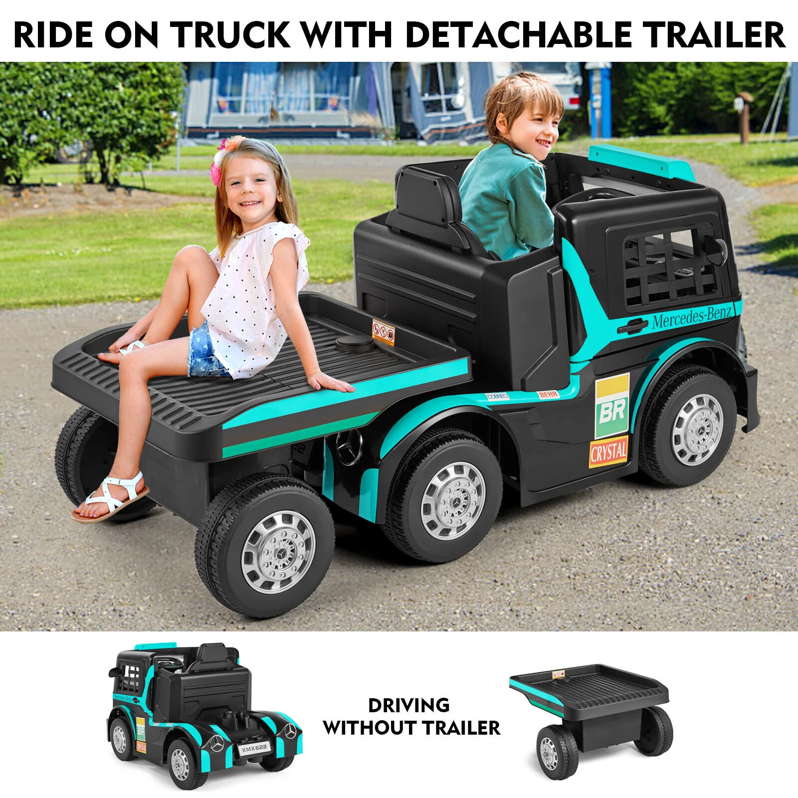 12V10AH Battery Powered Kids Ride On Truck with Trailer and Remote Control - Image 5