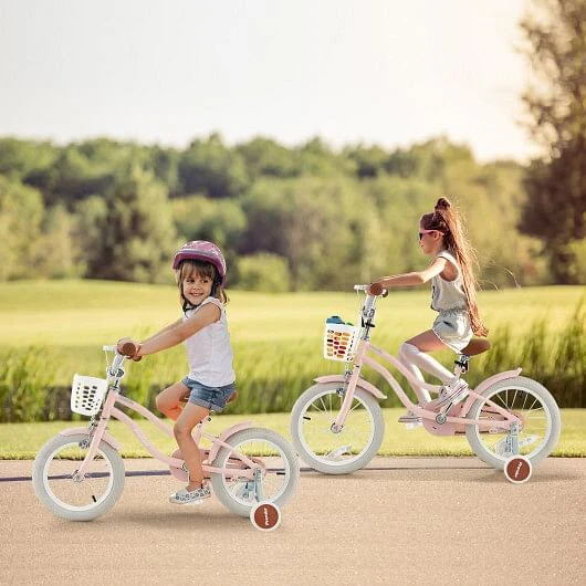 14 Inch Kids Bike with Removable Training Wheels and Front Basket in Pink - Image 2