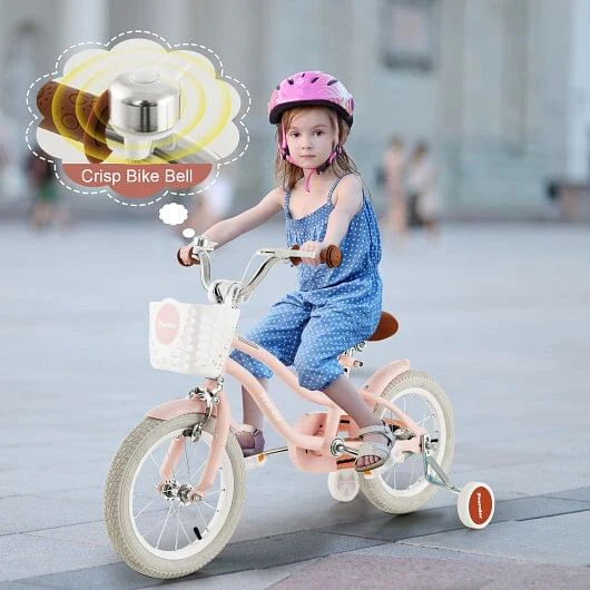 14 Inch Kids Bike with Removable Training Wheels and Front Basket in Pink - Image 4