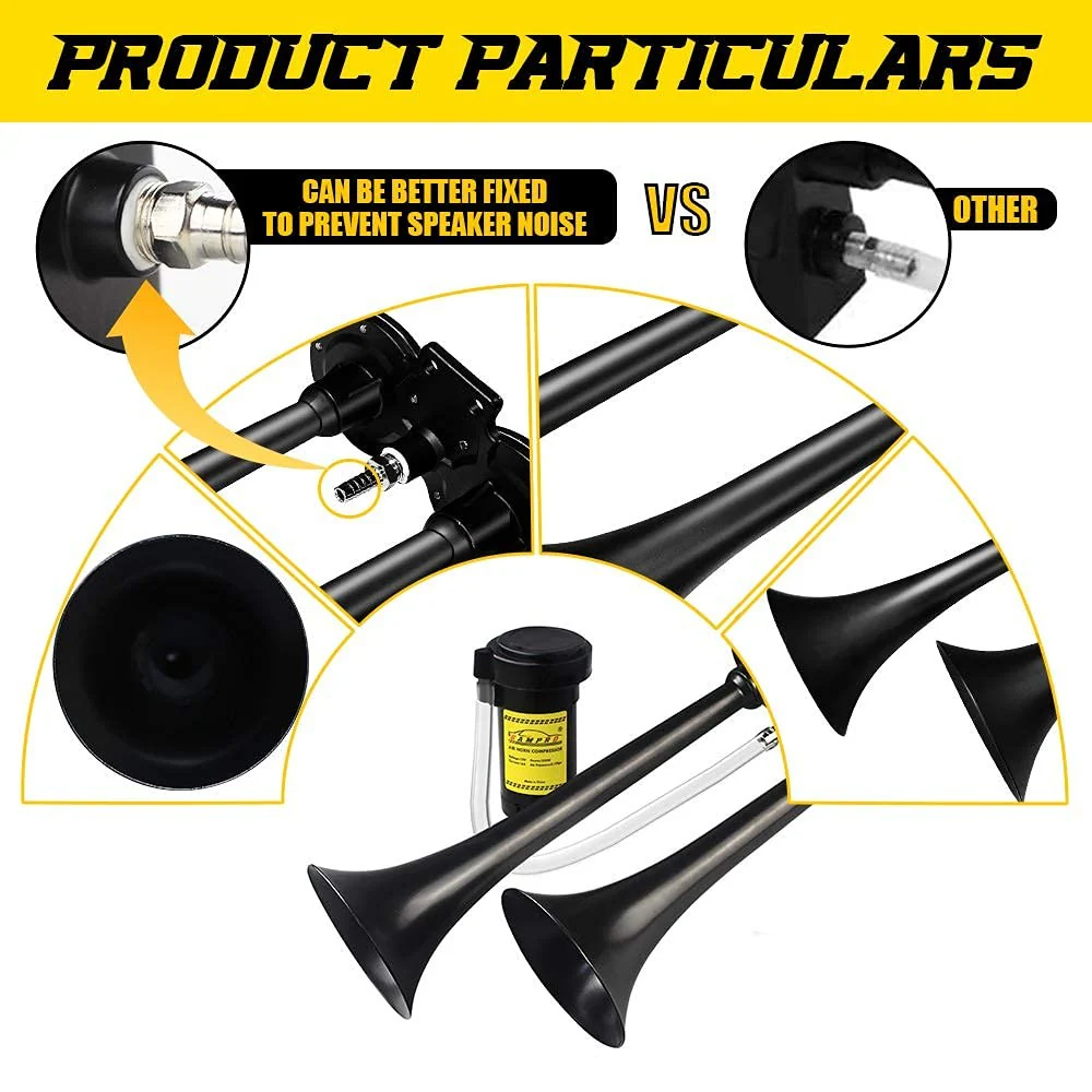 150dB 12V Dual Trumpet Air Horn with Chrome and Zinc Finish and Compressor for 12V Vehicles - Image 2