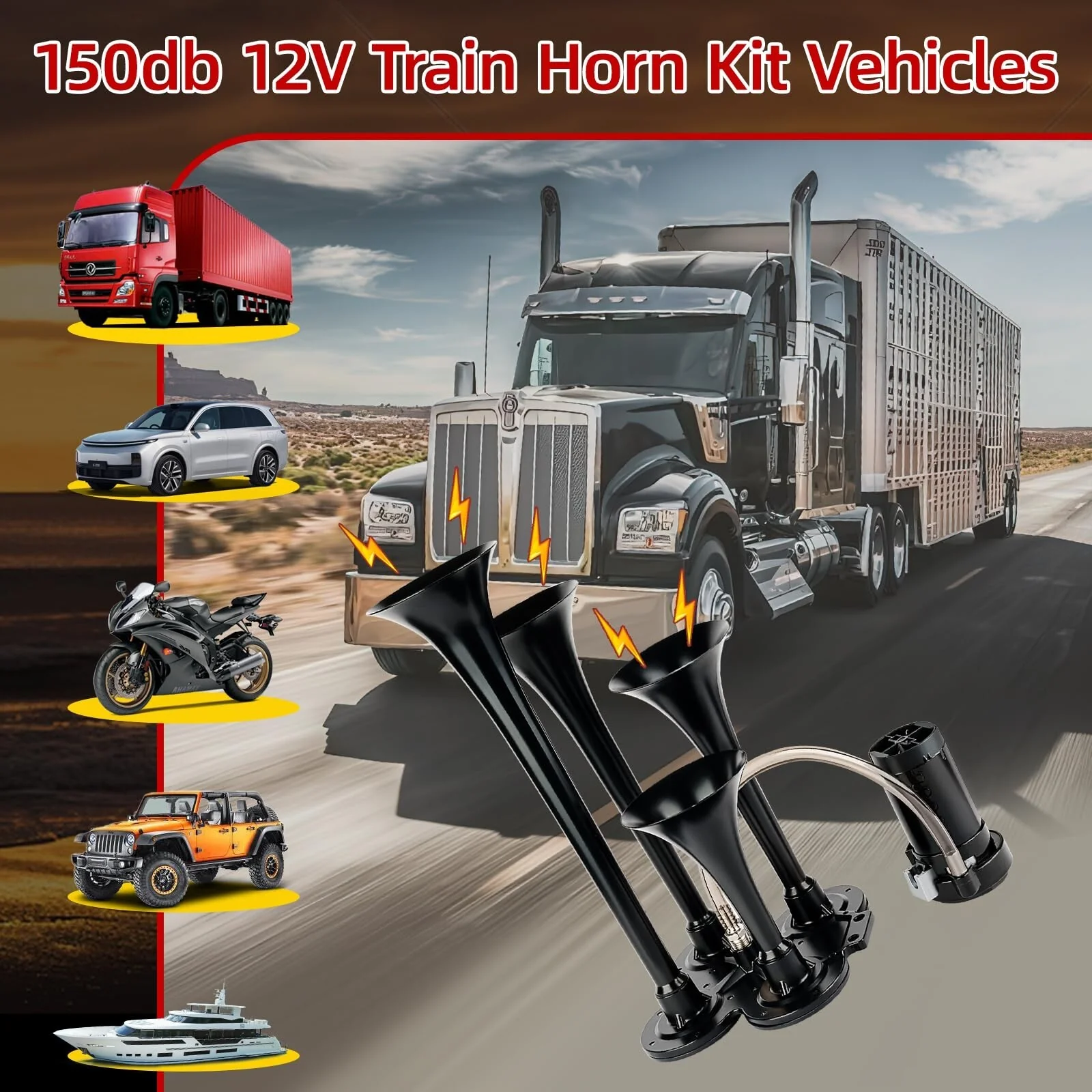 150dB 12V Train Air Horn Kit with 4 Speakers and Push Button Control - Image 6