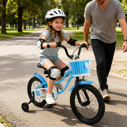 Navy 16-Inch Kids Bike with Training Wheels and Basket - Image 3