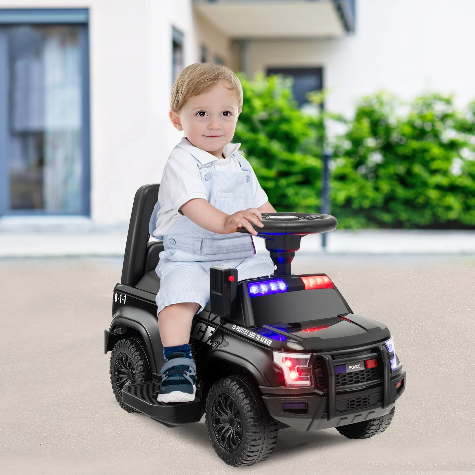 2-in-1 6V Kids Ride-On Police Push Car with Megaphone and Siren, Black - Image 3