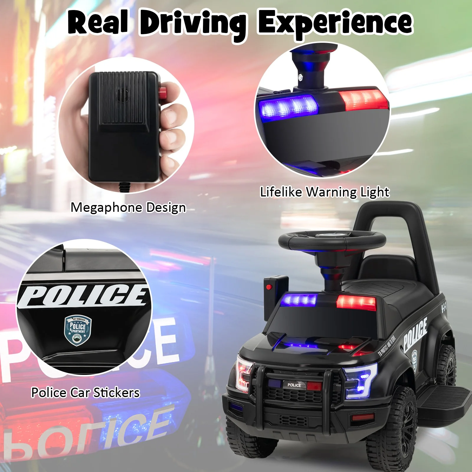 2-in-1 6V Kids Ride-On Police Push Car with Megaphone and Siren, Black - Image 9