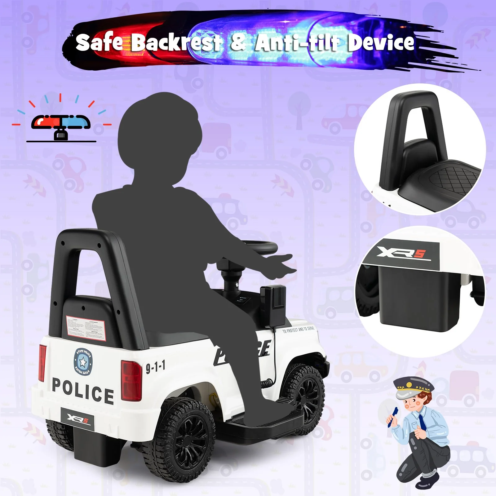 2-in-1 6V Kids Ride-On Police Car and Toddler Push Car with Megaphone, Siren, and Music - Image 8