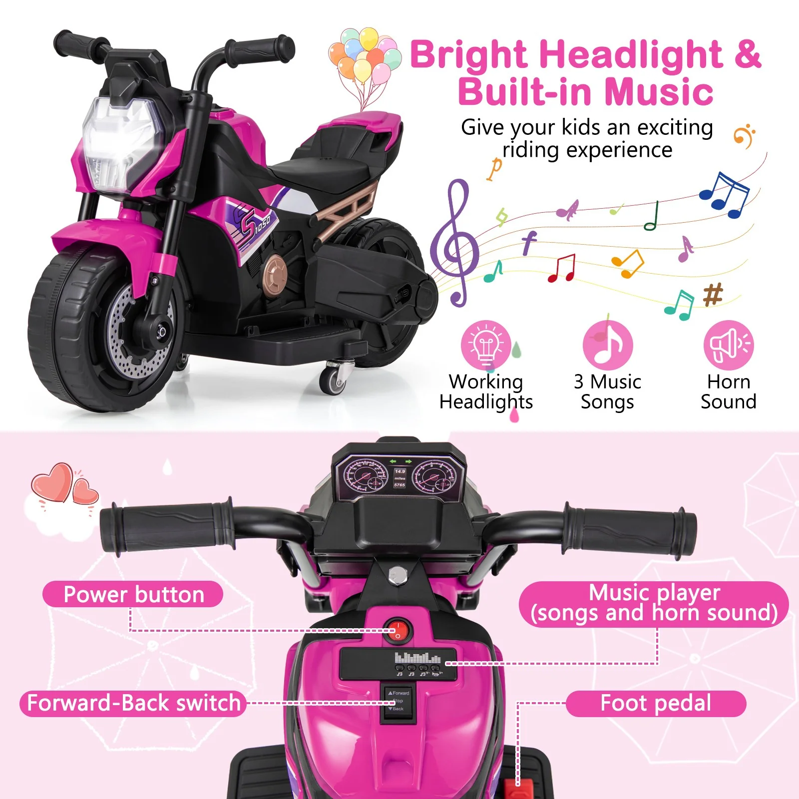 2-in-1 Kids Electric Motorcycle with Detachable Training Wheels, Headlight, and Horn - Image 6