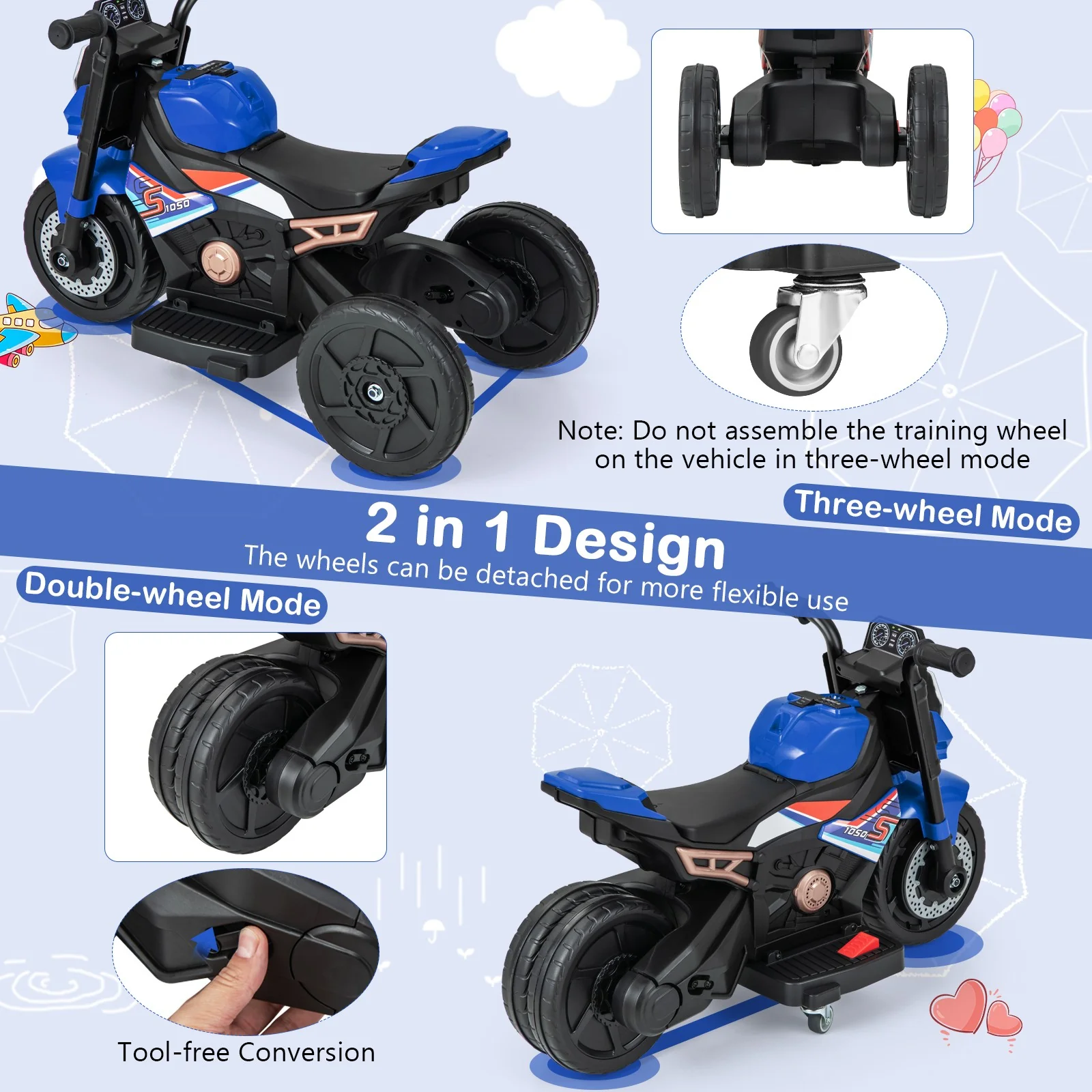 2-in-1 Kids Electric Motorcycle with Detachable Training Wheels, Headlight, and Horn - Image 5