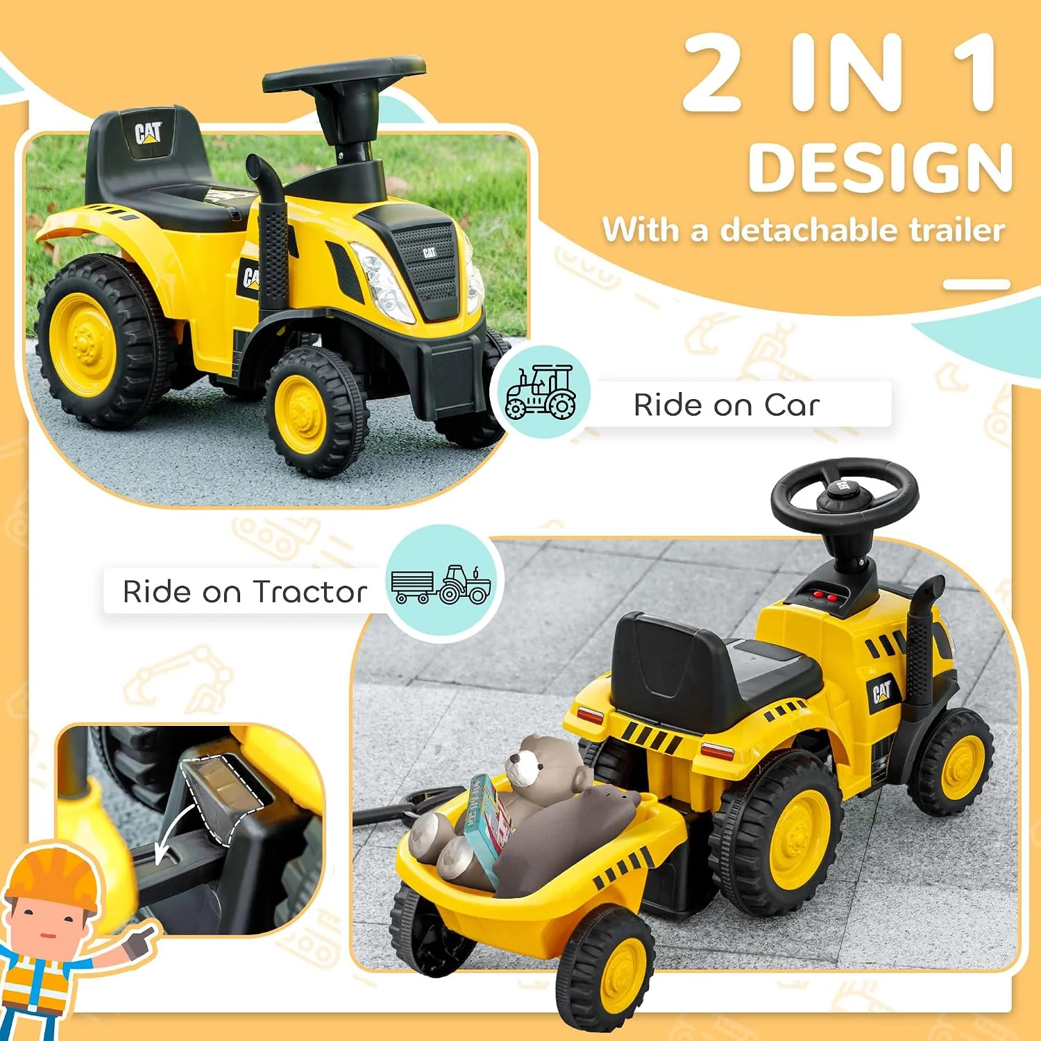 Dual Function Ride-On Tractor and Caterpillar Licensed Excavator for Children - Image 4