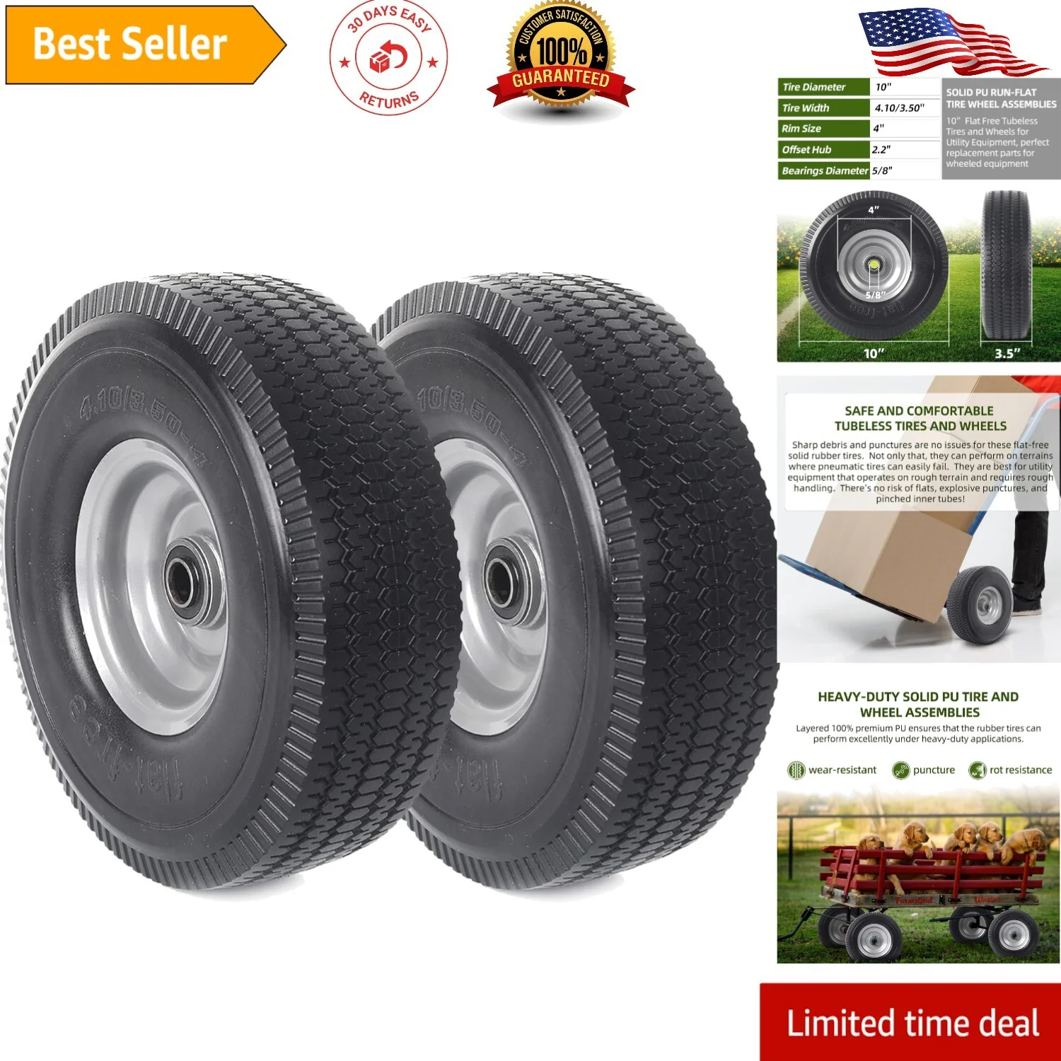 2-Pack 10-Inch Solid Wheels with Extra Bearings for Utility Equipment