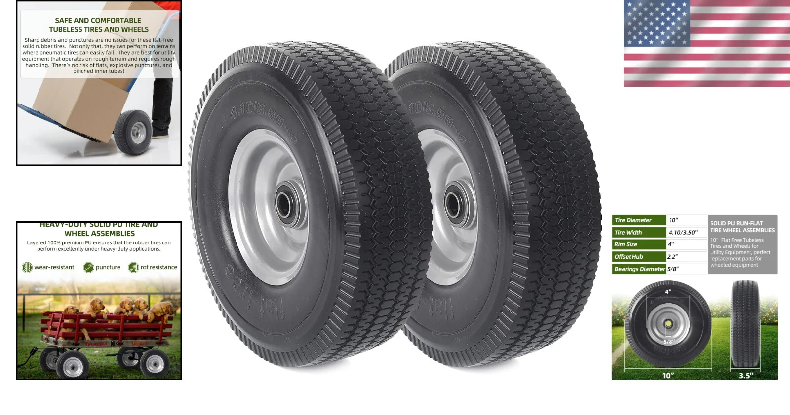 2-Pack 10-Inch Solid Wheels with Extra Bearings for Utility Equipment - Image 2