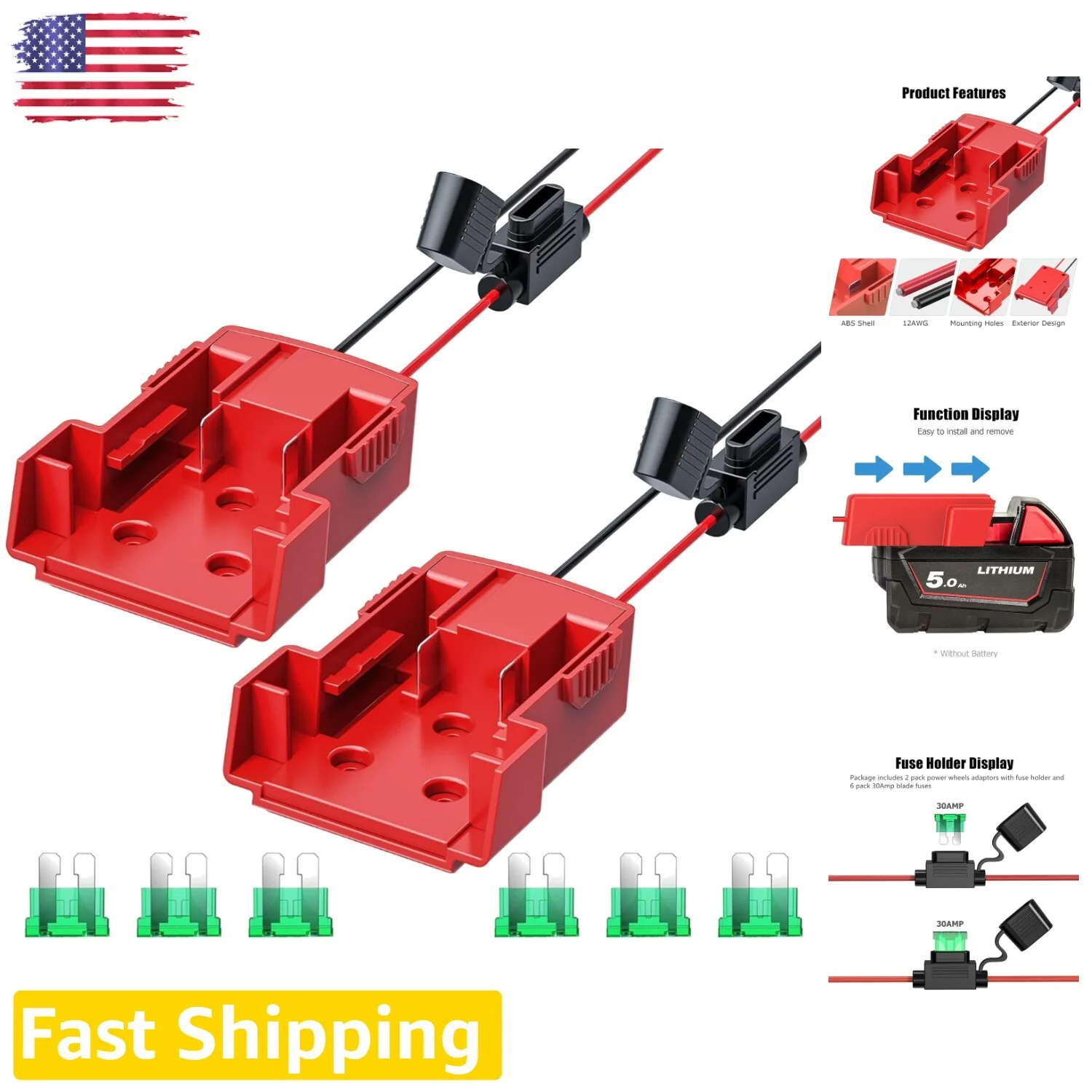 2-Pack M18 Power Wheels Adapter Kit with Spare Fuses for DIY Projects
