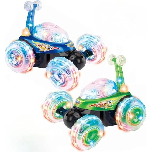 2-Pack Rechargeable Remote Control Tornado Stunt Flip Cars in Blue and Green - Image 2