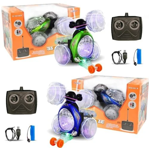 2-Pack Rechargeable Remote Control Tornado Stunt Flip Cars in Blue and Green - Image 4