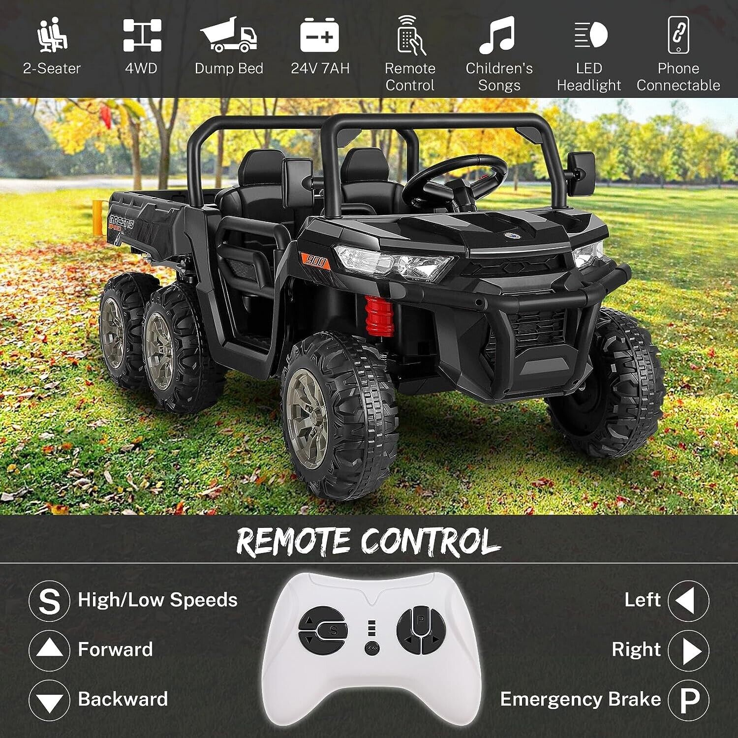 2-Seat 24V Electric Dump Truck Ride-On Toy with 6 Wheels - Black - Image 6