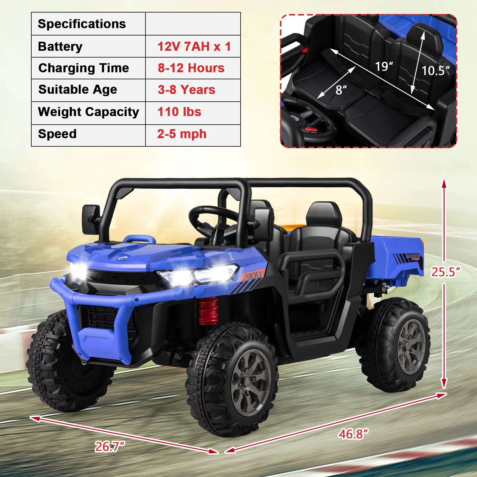 2-Seater 12V Electric Ride-On UTV Dump Truck with Remote Control, Dump Bed, and Shovel – Blue - Image 2