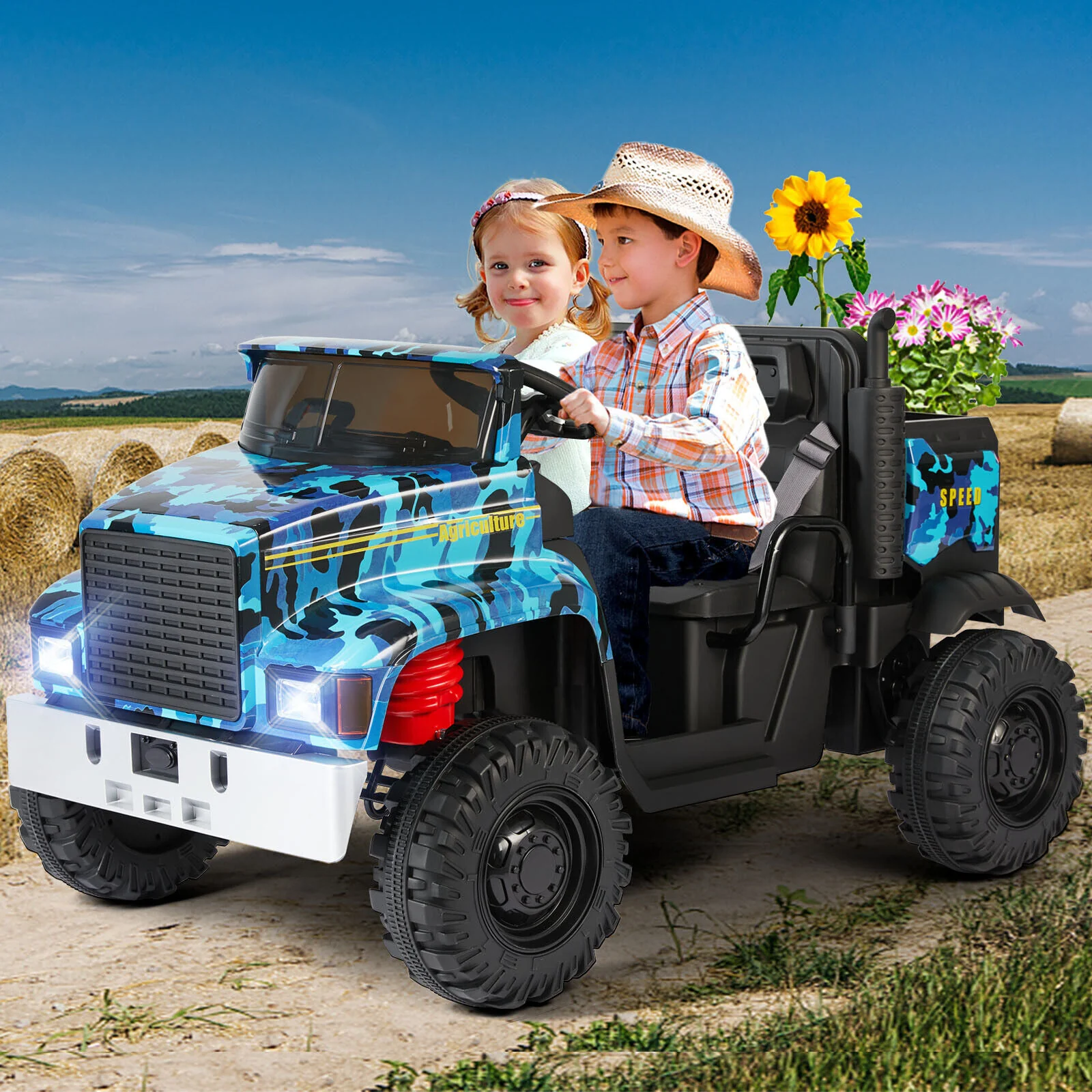 2-Seater 24V Battery Powered Kids Ride-On Truck with Camo Design and 3-Speed RC Control - Image 3