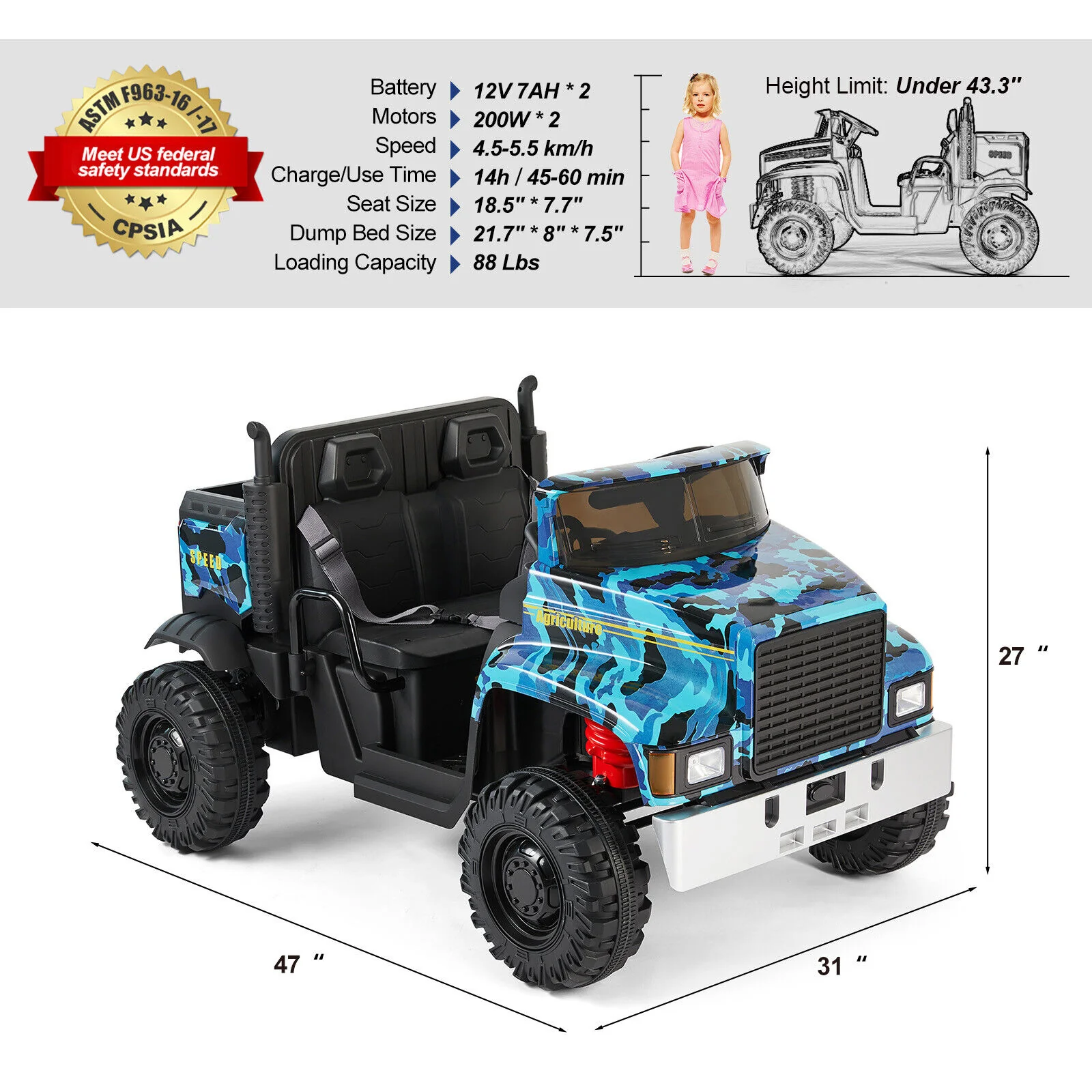 2-Seater 24V Battery Powered Kids Ride-On Truck with Camo Design and 3-Speed RC Control - Image 5