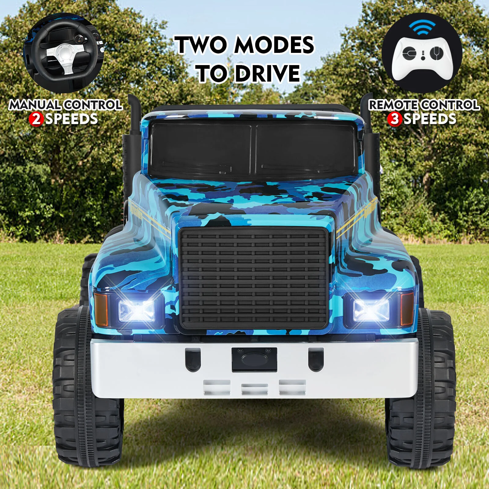 2-Seater 24V Battery Powered Kids Ride-On Truck with Camo Design and 3-Speed RC Control - Image 9