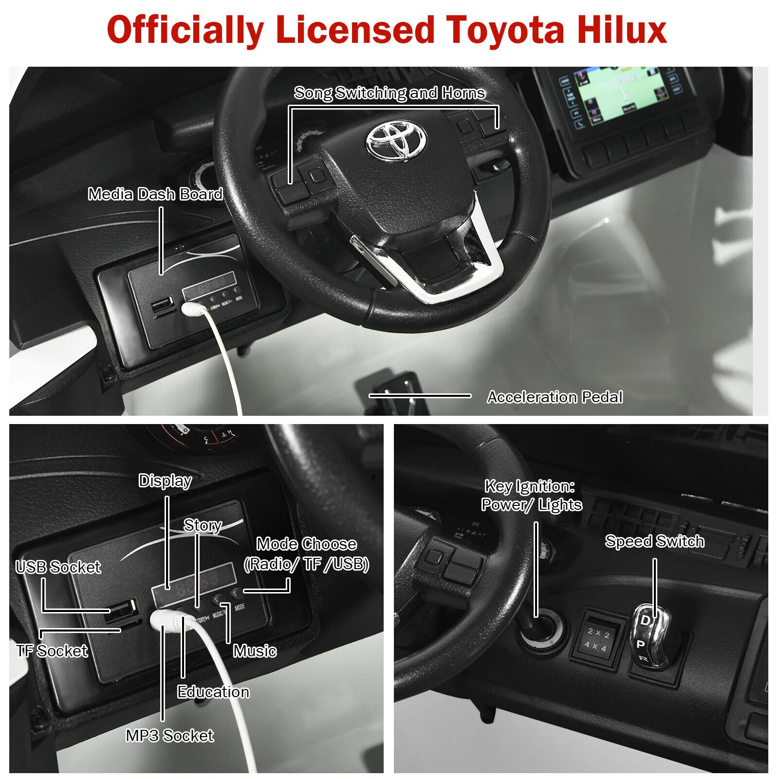 2-Seater 4WD Toyota Hilux Ride On Truck with Remote Control - Licensed, 12V, White - Image 8