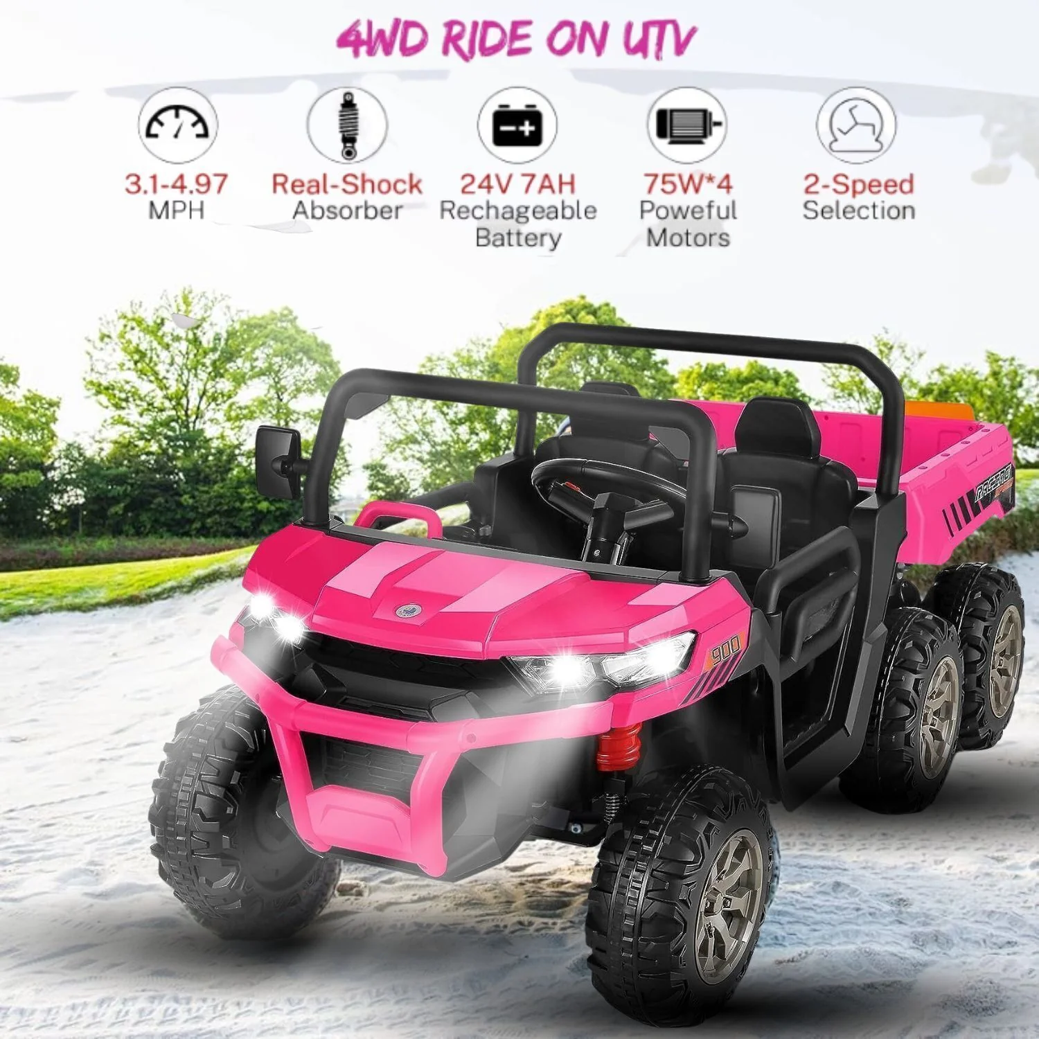 2-Seater 4WD UTV Ride-On Car for Kids with Remote Control, LED Lights, and MP3 Player - 24V 300W - Image 4